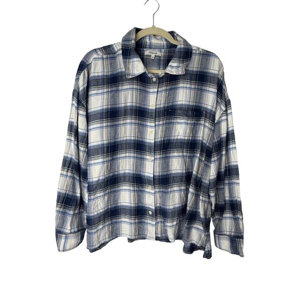 Madewell Tops - Madewell Boxy Flannel Button Down Shirt Blue Plaid Soft Cotton Blend XL